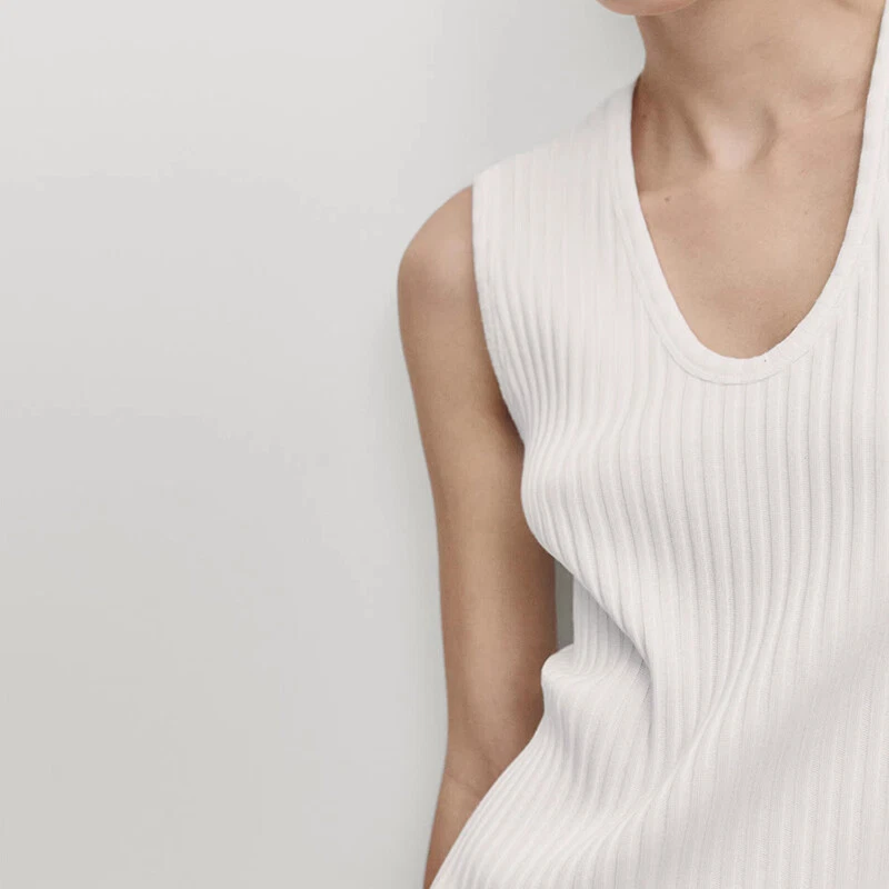 OFF WHITE Abito smanicato donna Massimo Dutti scollo a V aderente canotta maglia