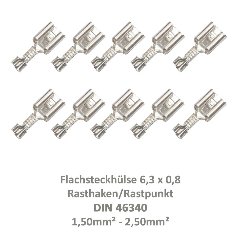 CABLE SOLUTION PLUS DEUTSCHLAND GMBH 10 Flachsteckhülse 6,3x0,8 Kabelschuh unisoliert 1,50²-2,50² DIN 46340 Rasthaken