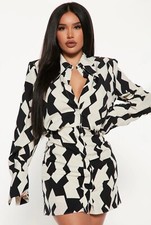 Fashion Nova Black & White Long Sleeve Shirt Dress With Shoulder Pads | Size S