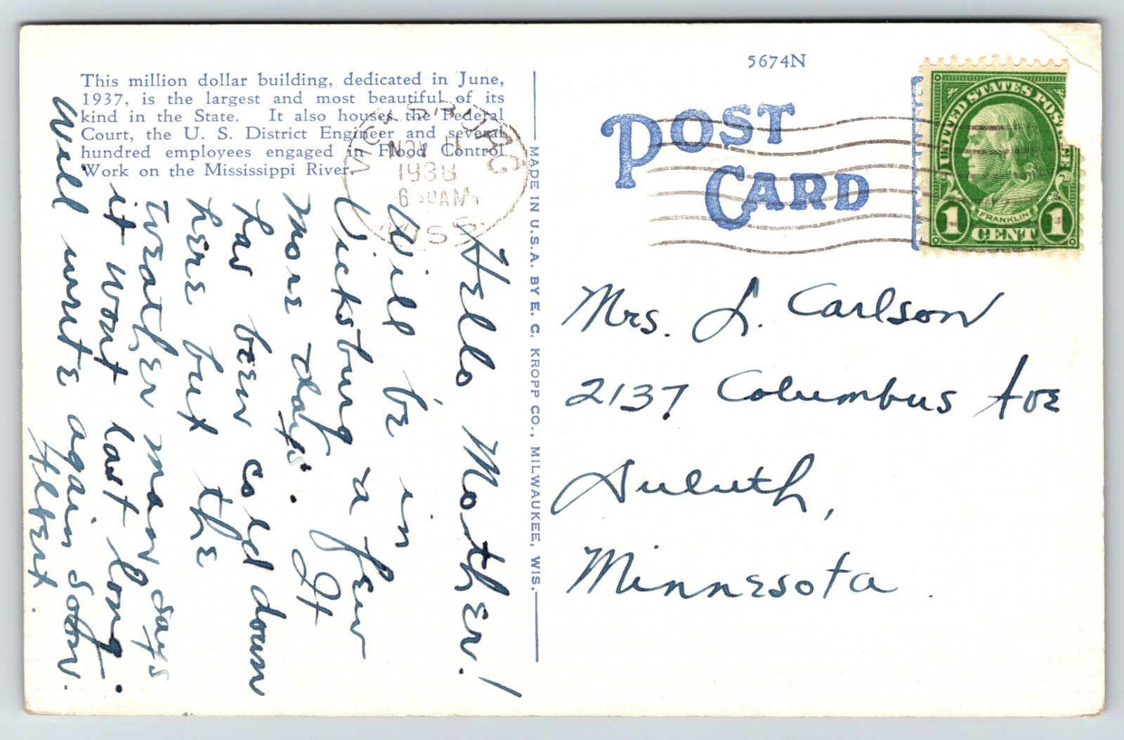 Post Office c1938 Vicksburg Mississippi MS Vintage EC KROPP Postcard eBay