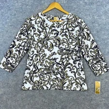 JM Collection NWT Top Blouse Size MP White Gold Black 3/4 Sleeve Scroll Pattern