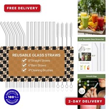 18-Pack Reusable Clear Glass Drinking Straws Set - 8 Straight 6 Bent