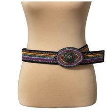 Chicos Beaded Leather Belt Boho Ethnic Style Oval Buckle Multicolor Festival S