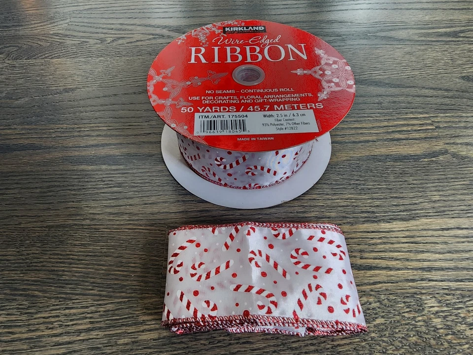 Kirkland Premium Wired Ribbon 50 Yard Roll Partial w/pieces Holiday Candy Canes - Image 2 of 4