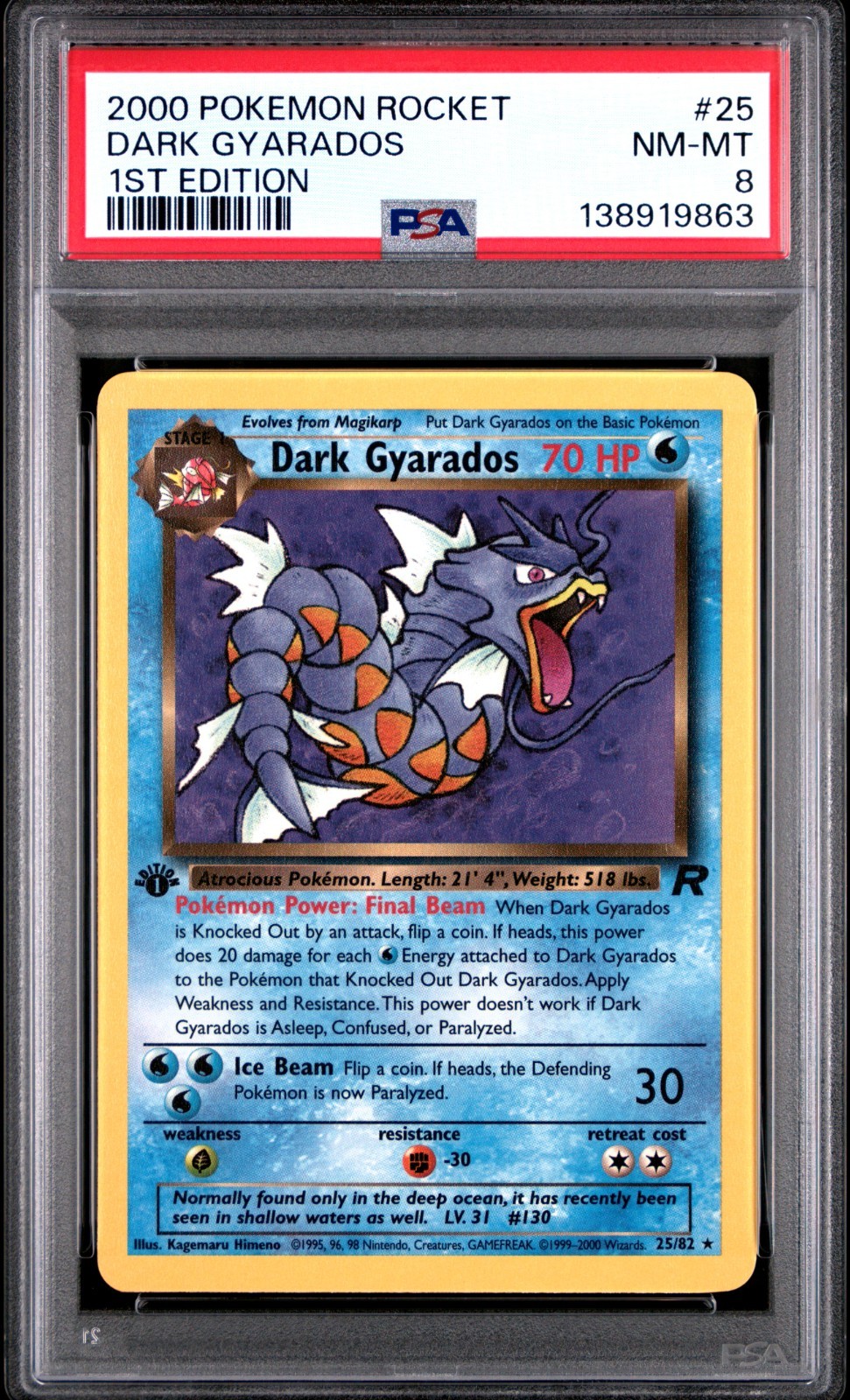 PSA 8 - Dark Gyarados 25/82 Team Rocket 1st Ed. - Cert. # 138919863