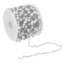 33 Feet Faux Pearl Beading Chain, 4mm Brass Chain Link Style 2, Silver