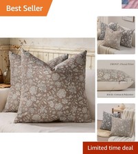 Neutral Floral Pillow Covers 18x18 Inch Set of 2 Light Brown Boho Vintage Acc...
