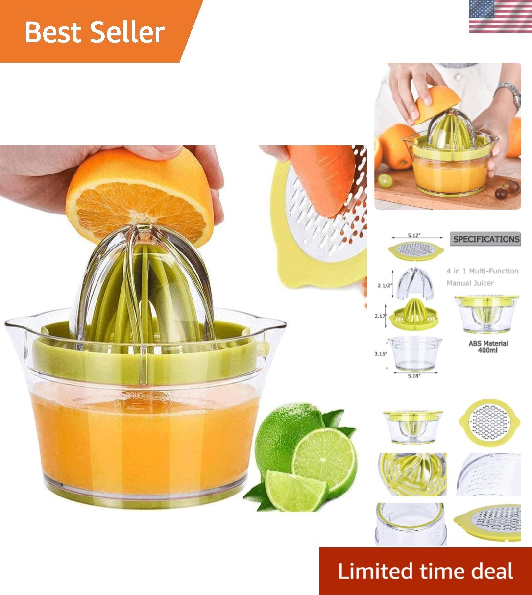 Versatile Manual Citrus Juicer with Built-In Grater & Measur