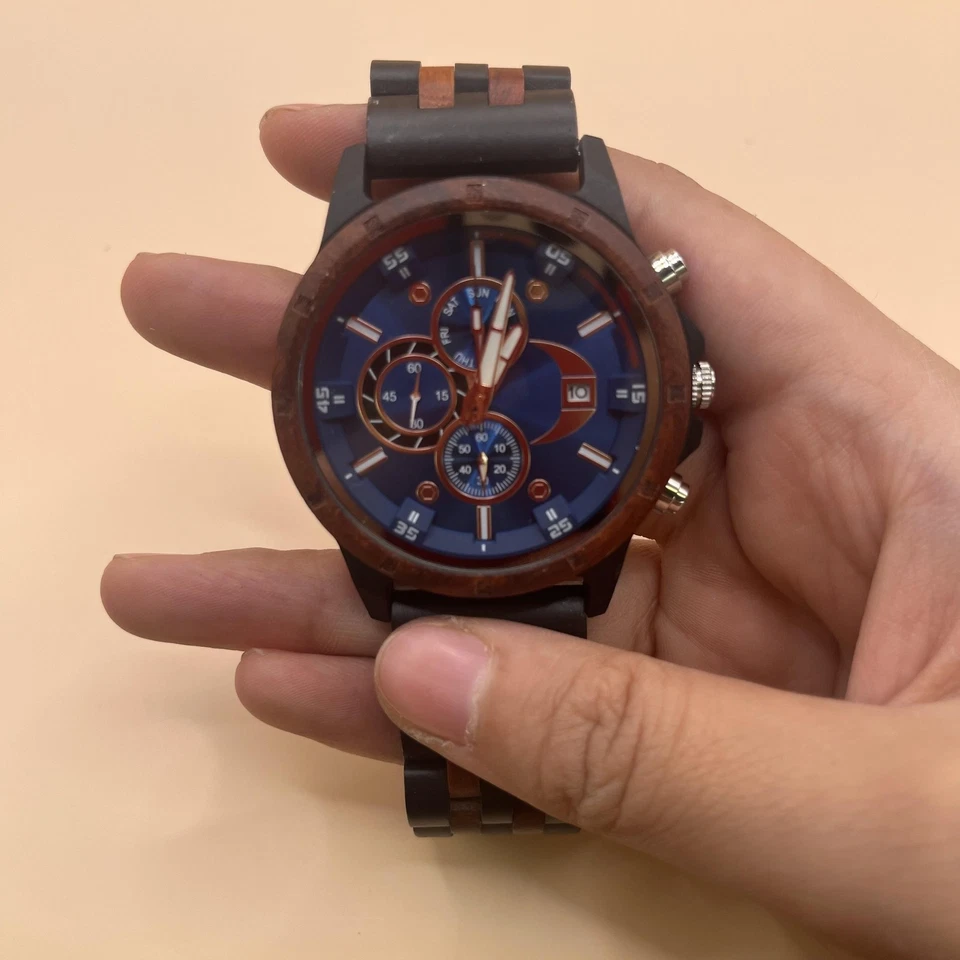 Wooden Analog Watch Mens Blue Dial Day Date Subdials Quartz Wood Band Rose Gold - Image 2 of 4