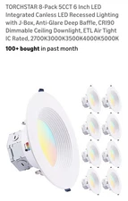 TORCHSTAR 8-Pack 5CCT 6 Inch LEDIntegrated Canless LED Recessed Lighting