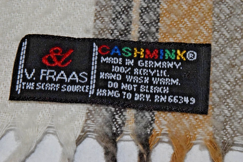 Vintage Acrylic Scarf V Fraas 80s Butterscotch Cream Plaid Made Germany 64X13In - Image 2 of 4