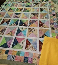 Unfinished Colorful Hourglass Patchwork Quilt Top 52" X 52" & Extra Fabric 2.25Y