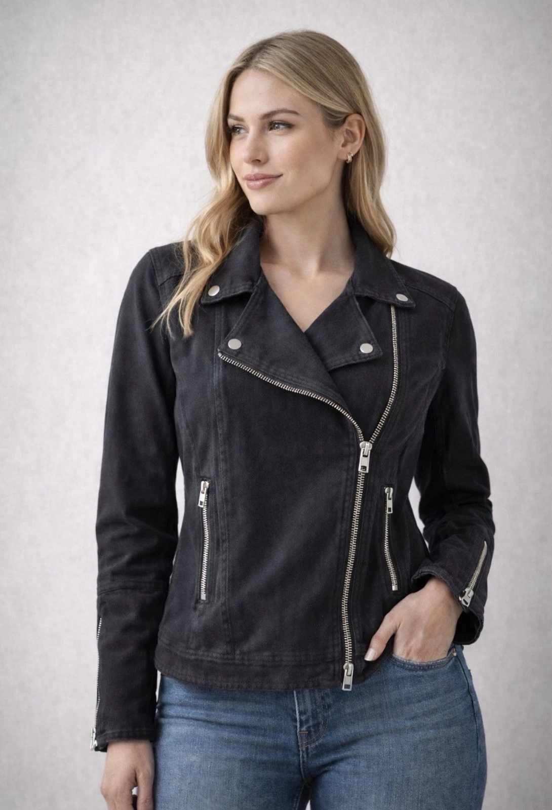 Liverpool Moto Jacket Women XL Biker Zip Cotton Blend Soft Fitted Black Rinse