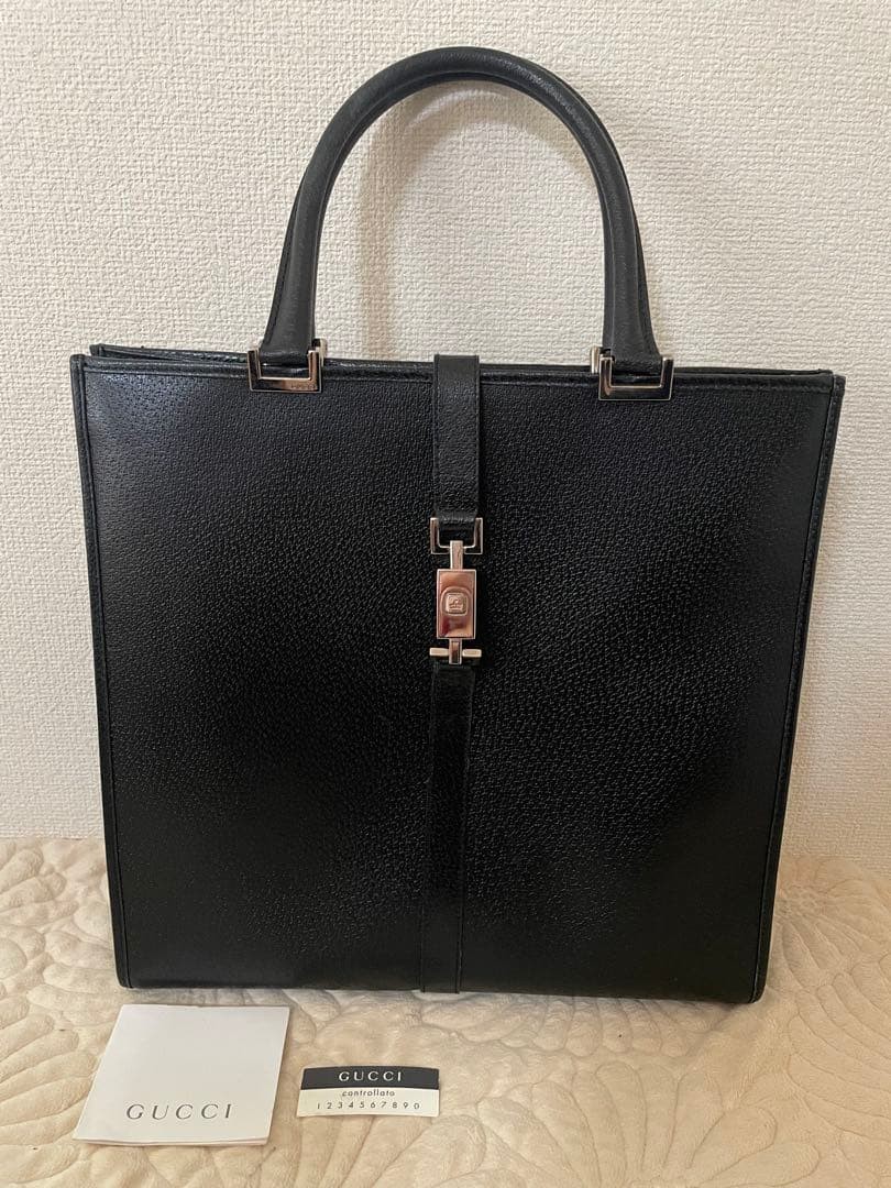 GUCCI Black Leather Tote Bag Women's Vintage Large Handbag A4 Size