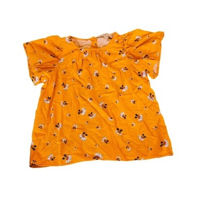 LOFT XS Mustard Yellow Floral Linen Blend Blouse Flutter Sleeve Back Button Top