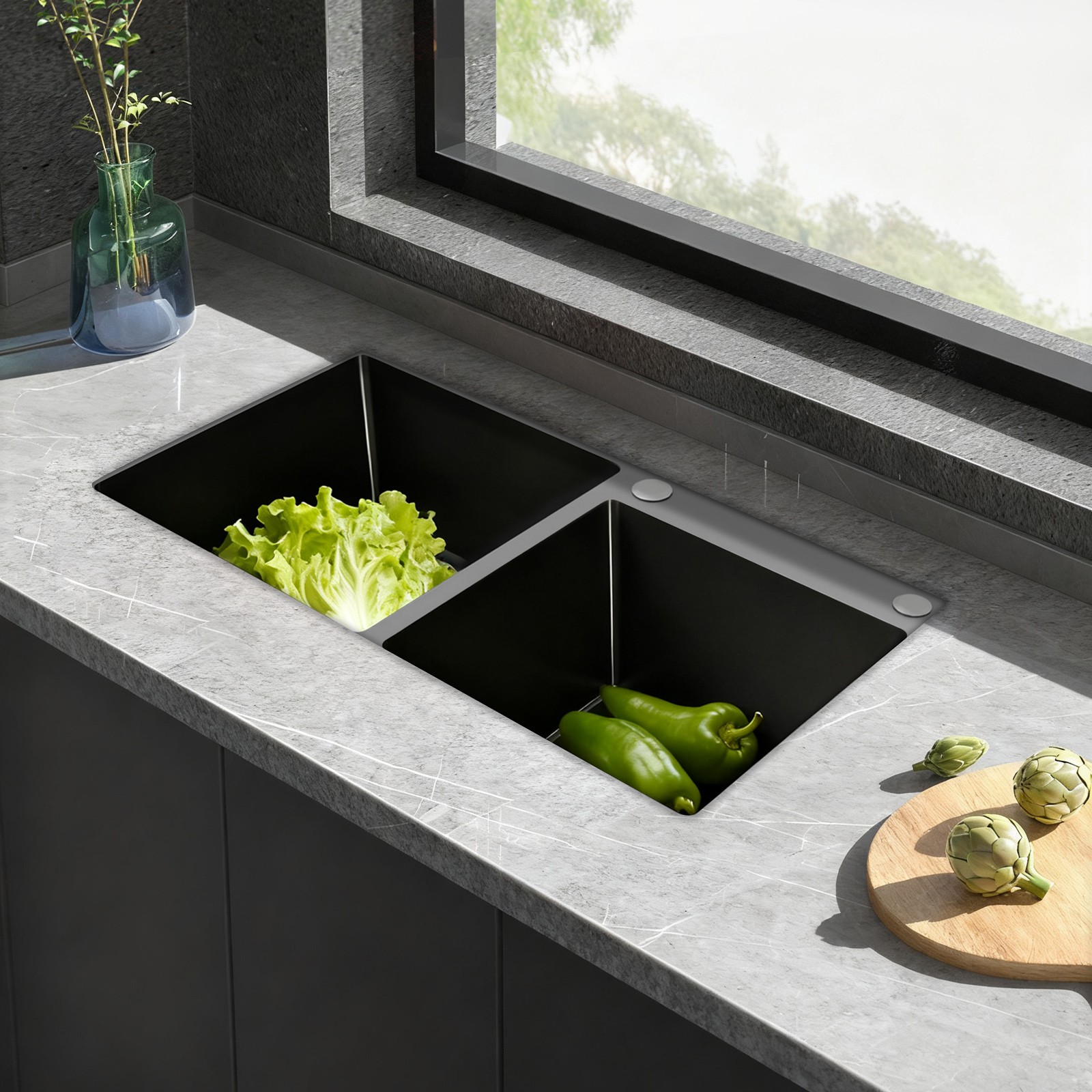 Double-Bowl Kitchen Sink, Multifunctional Overmount Stainless Steel Sink, Black