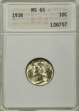 1936 Mercury Dime ANA MS 65 Old Soapbox Holder