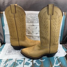 Vtg Justin Mule Hide Tan Western Work Cowboy Boots Mens 7.5D USA Made Cushioned