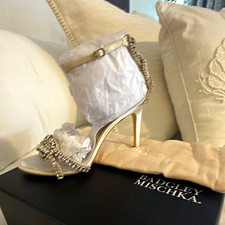 Badgley Mischka Ivory Silk Strappy Ankle Strap Rhinestone Open Toe Heels 7.5