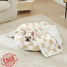 Ohocut Checkered Dog Blanket Beige Khaki Sherpa 30"x40"