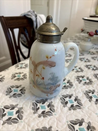 Antique Milk Glass Syrup Pitcher With Spring Loaded Lid Victorian c1881 - 1883