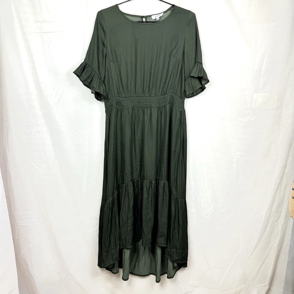 Vestido midi Maxim verde oliva en capas dobladillo alto-bajo cuello cerradura talla S Foto 3 de 4