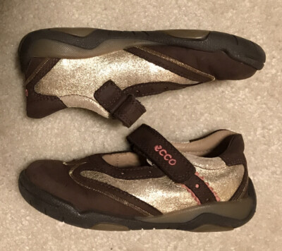 EUC! Girls Toddler Ecco Brown/Gold Shimmer Adjustable Mary Jane Shoes Sz 