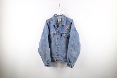 Vtg 90s Mens XL Distressed Spell Out Midwest Custom Cycles Denim Trucker Jacket