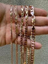 REAL 925 Silver 14k Rose Gold Plated Flat Cuban Link Chain Necklace 3mm-8mm