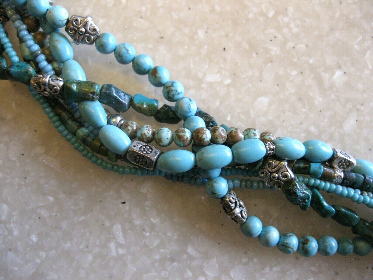 Silver Multi-Strand Beaded Bracelet with Turquoise Accents Stackable Beaded Multilayered Stretch Bracelet in Turquoise  main image 4