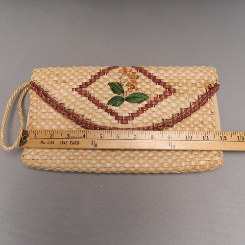Vintage Straw Clutch Bag Embroidered Floral Raffia Lined Colorful Bohemian Woven - Picture 6 of 8