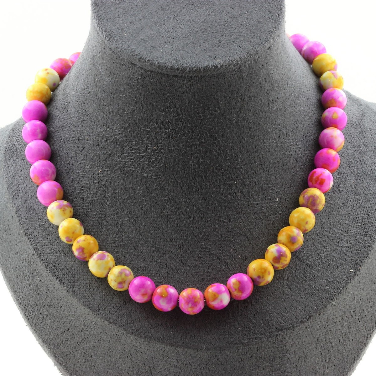 Collier Femme 5 Perles De Jaspe Rose Et Jaune 8mm - Chaine Acier Inoxydable - Neuf Avec étiquettes