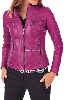New Summer Ladies Biker Fashion Casual Style Pink Real Soft Napa Leather Jacket