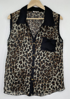Women s Lavish Leopard Sheer Chiffon Collared Blouse See Measurements For Size