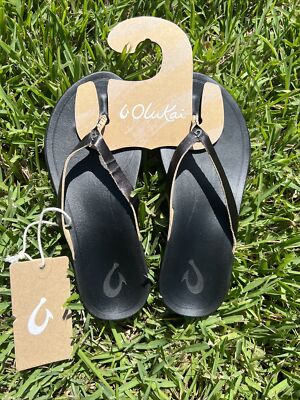 NWT Olukai Ho'opio Flip Flop Leather Sandal Onyx Black Women's