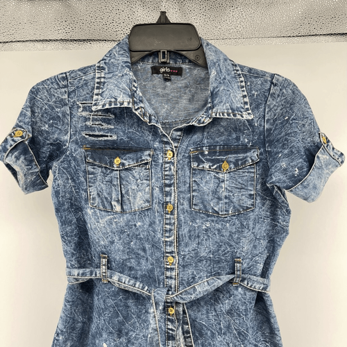Girls Blue Acid Wash Distressed Button Front Belted Denim Shirt Dress Size 14/16 - Picture 3 of 13