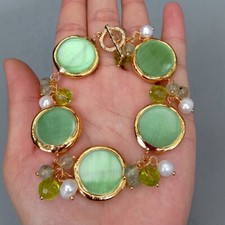 Pulsera Cultivada Blanca Perla Azul Ojo de Gato Turquesa Cuentas Dije Joyería Regalos