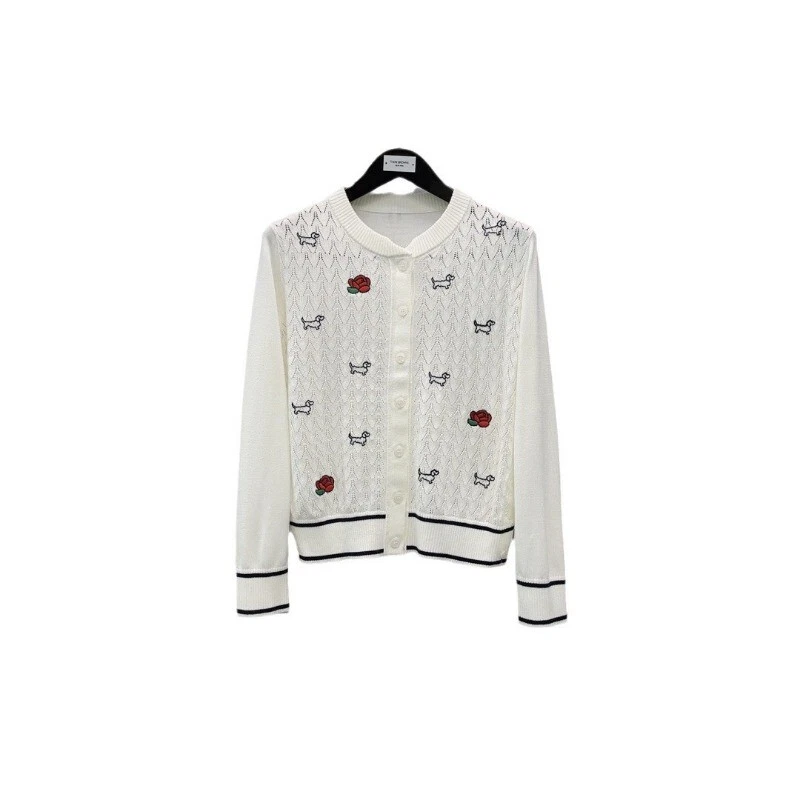Cardigan donna Thom Browne fantasia girocollo con bottoni maglia