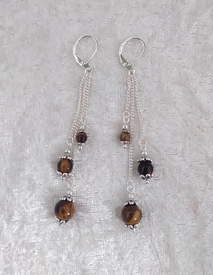 Tigers Eye Bead , 6m Long, 925 Silver Leverback Earrings. Handmade In Gift Bag - Image 3 of 4