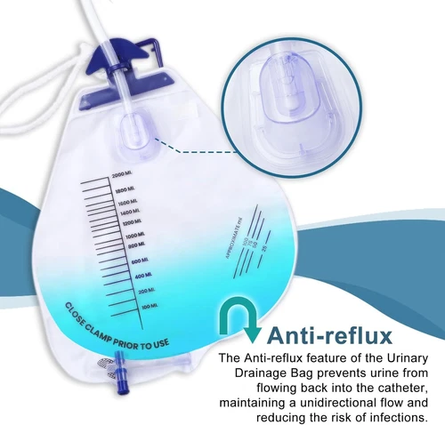 Urine Drainage Bag 2000mL Overnight Bedside Anti-Reflux Valve Clips Hanging Hook - Picture 8 of 13