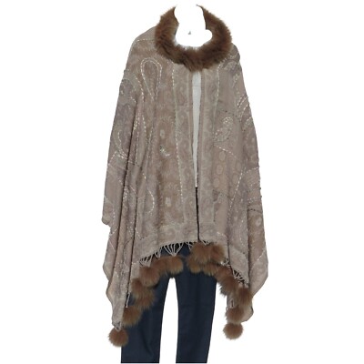 Shawl | Fur | Yak + Sheep | Stitched Embroider | Handmade | Taupe & Sand