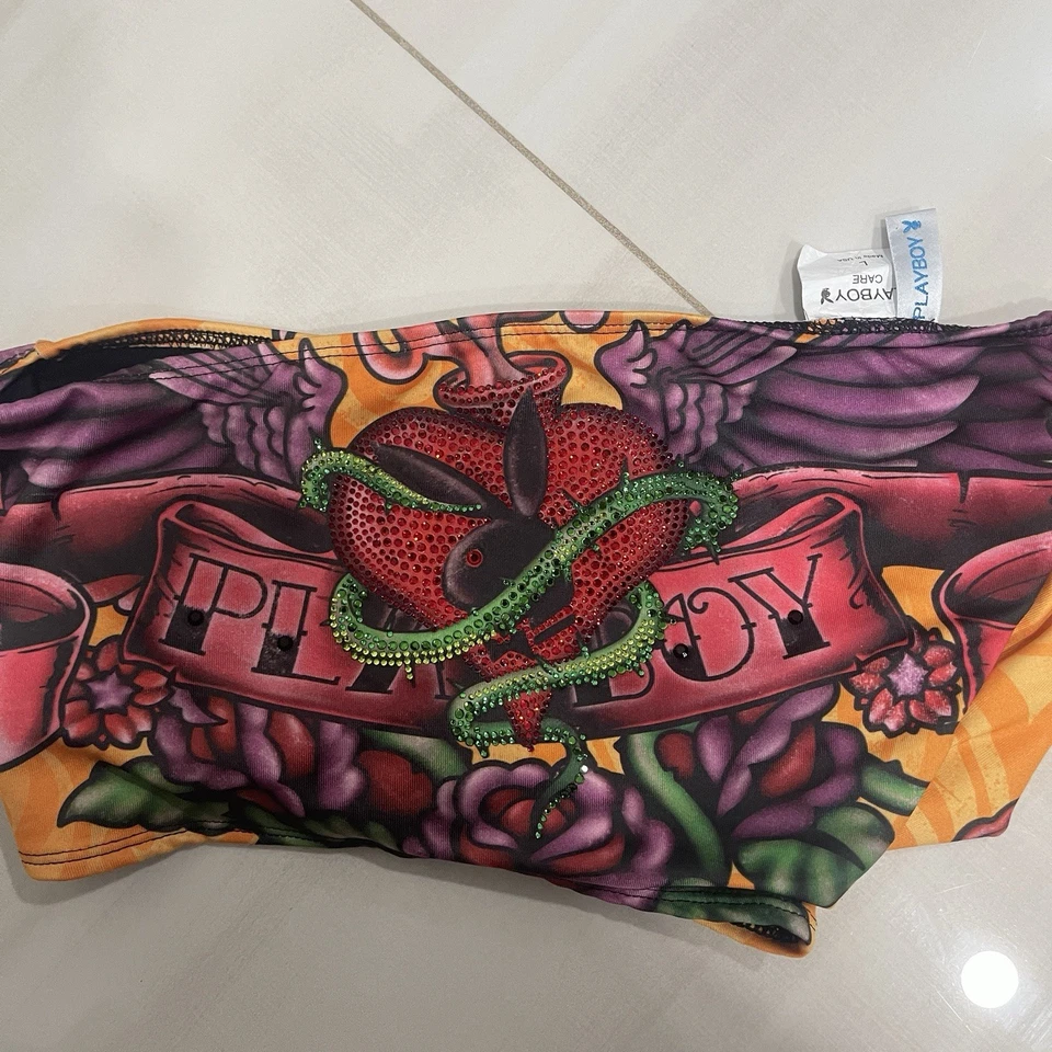 Vintage Y2K Playboy Size L Orange Ed Hardy Style/Rhinestone bathing Suit bottom - Image 4 of 4