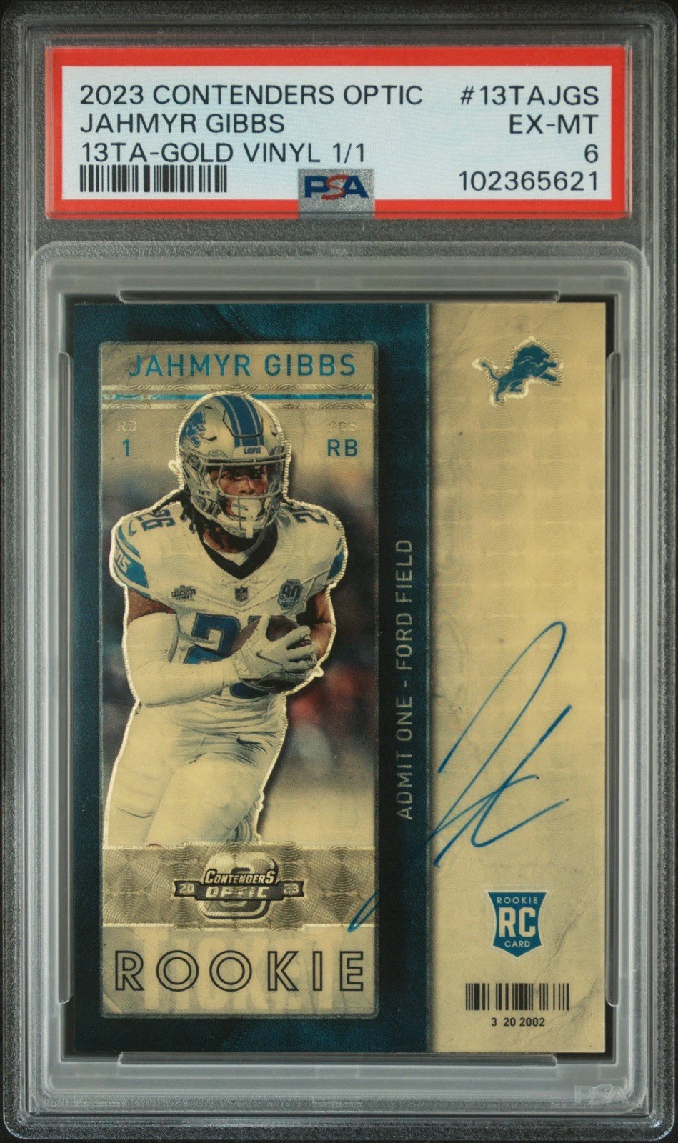 Jahmyr Gibbs Panini Contenders Optic 2013 Contenders Throwback Rookie Autographs #13TAJGS Gold Vinyl 1/1