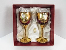 Vintage Venetian Ruby Red Glass Goblets Pair 24K Gold Enamel Flowers Boxed 6.5"