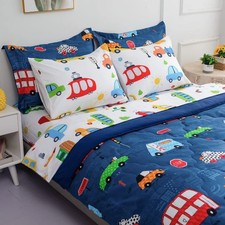 Wajade Cartoon Cars Comforter Set Bed in A Bag Full Size Colorful Cars Bus Va...
