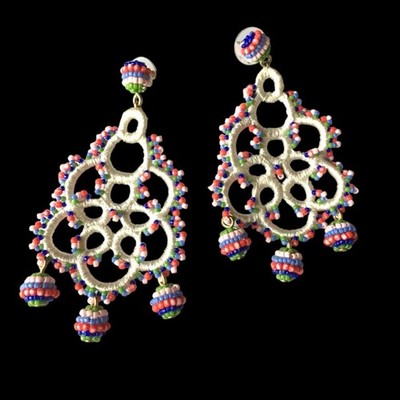 Bohemian off-white crocheted post earrings with colorful seed bead accents