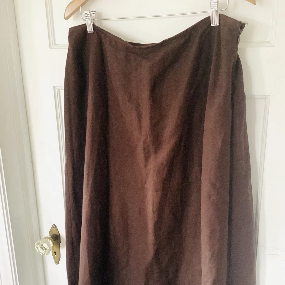 Women's 14 W Long Linen Blend Skirt A-Line Modest Chocolate Brown Zipper Lined - Image 2 of 4