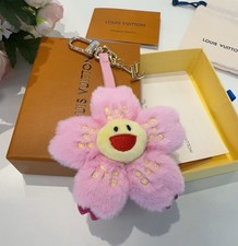 Pink Furry Smiley Flower Bag Charm Keychain Pendant Gift Box