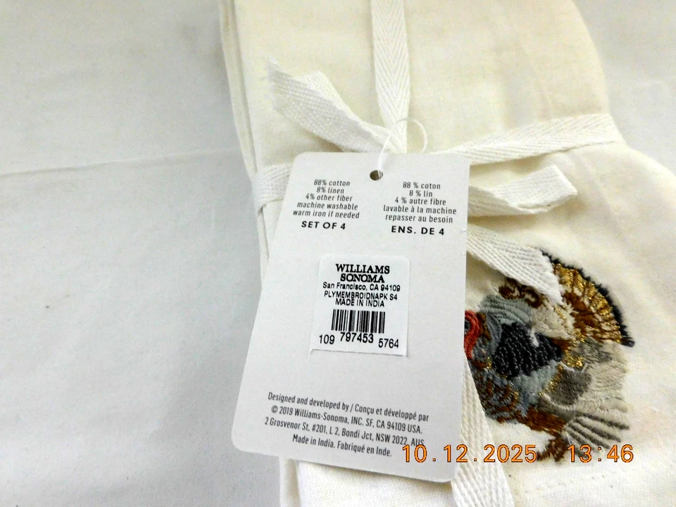 Nuevo con etiqueta Williams Sonoma bordado Plymouth servilletas de cena 20" Acción de Gracias Foto 4 de 4