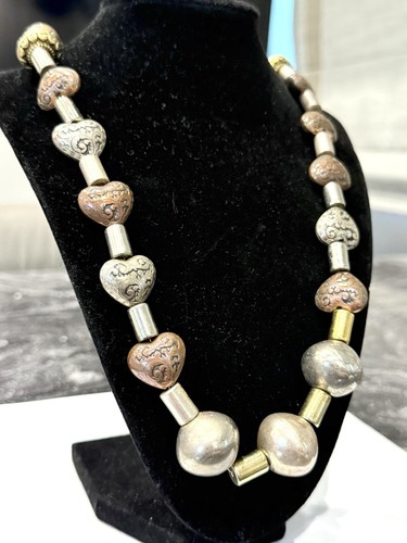 VINTAGE BOHO HEART SAUCER CYLINDER PILLOW DISK BEAD COPPER SILVER NECKLACE 22' - Picture 5 of 10